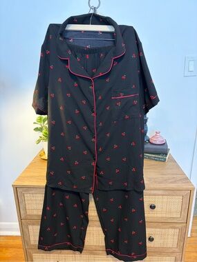 Plus Size 4XL Cherry Print Pajama Set Black Short Sleeve